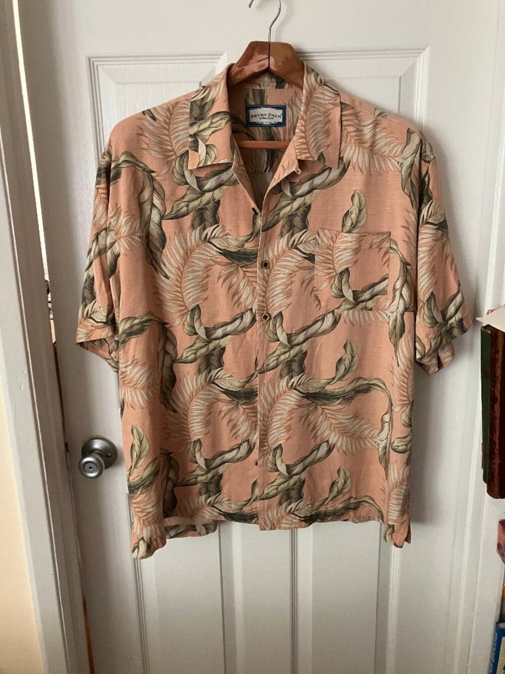 SEVEN PALM Shirt Coral w/tropical leaf print Silk Size XXL